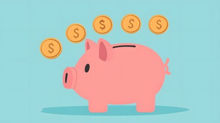 Pink Piggy Bank with Dollar Coins Falling into Slot