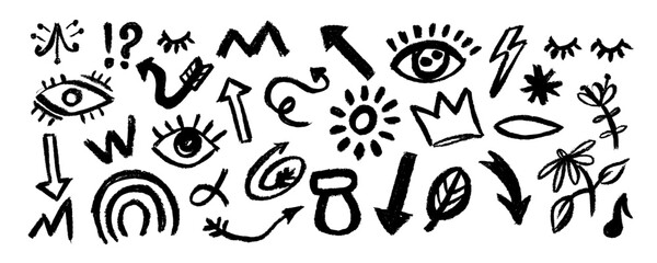 Set of various elements drawn with charcoal pencil, eyes, leaves, arrows, crown, clouds, rainbow.  Abstract arrows, ribbons, crowns, hearts, eyes and other elements in hand drawn style