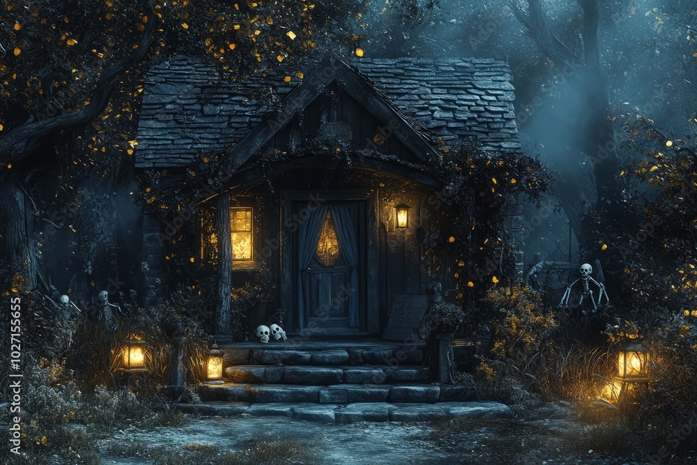 Poster A spooky cottage with glowing lanterns and skeletons sits in a dark, misty forest.