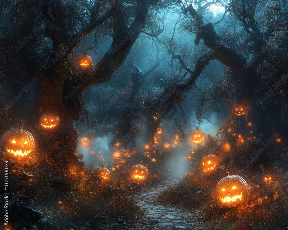 Sticker A spooky forest path illuminated by glowing jack-o'-lanterns on a foggy Halloween night.