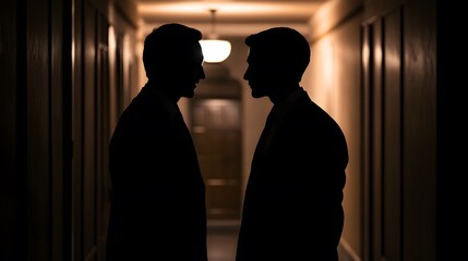 Two Men in Suits Silhouetted Against a Hallway