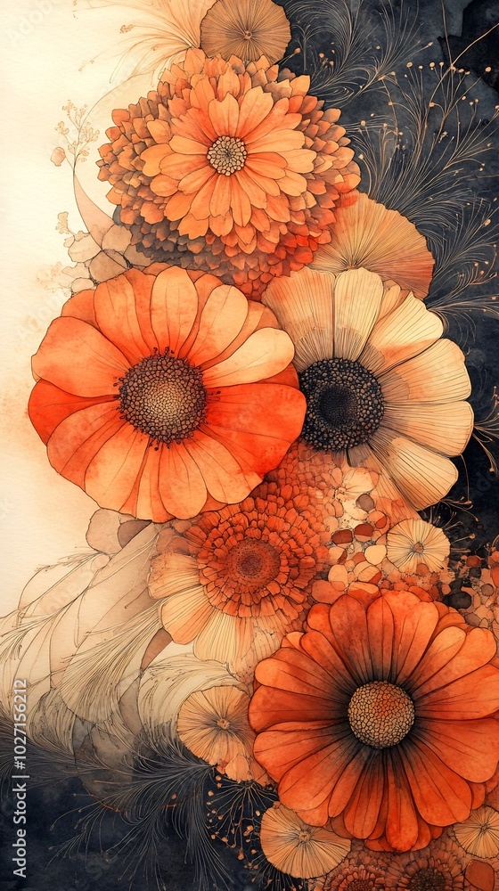 Poster vibrant watercolor painting featuring overlapping circles and intricate floral patterns using warm s