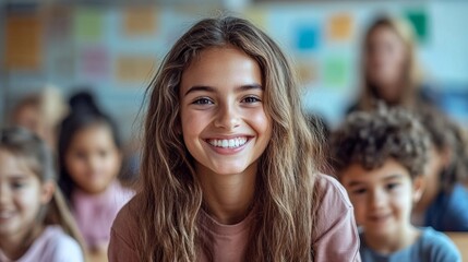 Fototapeta premium A girl with long hair is smiling at the camera