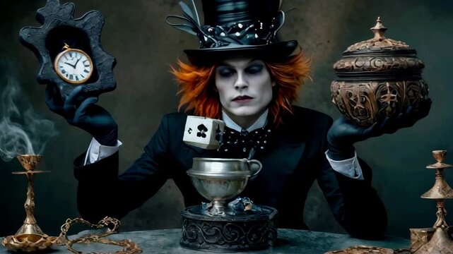 Strange and slightly crazy Hatter in a bright fantasy Wonderland