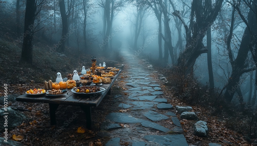 Poster A spooky Halloween feast set on a table in a misty forest path.