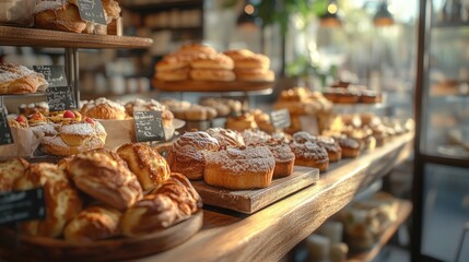 A bakery display case with a variety of pastries, including donuts, croissants