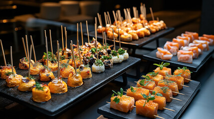 Assorted gourmet hors d'oeuvres on skewers displayed on black serving trays in a dimly lit environment.