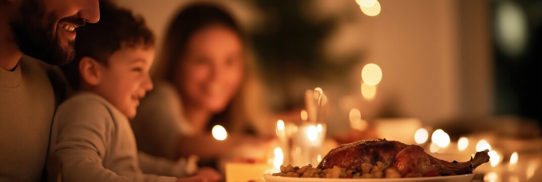 A family shares a warm and festive meal illuminated by soft candlelight, creating a cozy atmosphere with a roasted dish at the center of the dinner table.