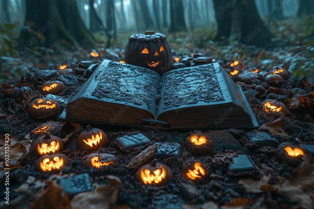 Canvas Prints A spooky Halloween scene with a jack-o-lantern on an open book in a foggy forest.