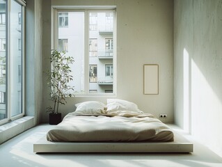 Minimalist bedroom with a platform bed and natural light.