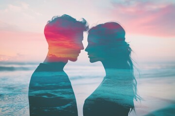 Double exposure style image, silhouette of a couple in love consisting of a man and a woman