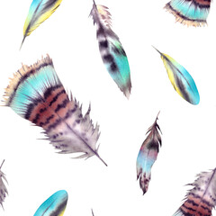 Fototapeta premium Seamless feather pattern. Watercolor hand-painted illustration. Beautiful bright multicolored Phoenix bird feather on a white background. Asian, Indian ornament