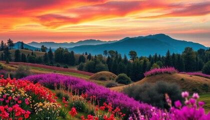 Obraz premium a field of flowers with mountains in the background, stunning nature in background, scenic colorful environment, beautiful landscape, colorful scene, extraordinary colorful landscape