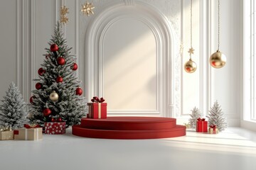 A white room with a red pedestal and a Christmas tree with red ornaments