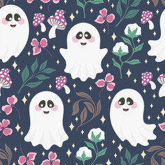 Seamless pattern halloween theme with cute smiling ghosts and autumn mushrooms and plants. Vector illustration.
