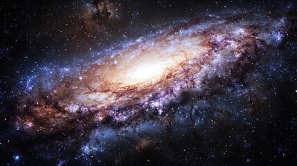 a vast, expansive galaxy with a serene black hole on the right, with intricate details of swirling gases and stardust. The color palette shifts from vibrant 