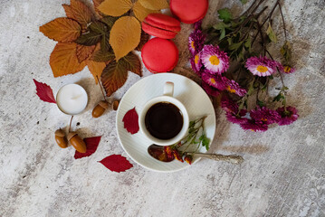 Festive autumn decor from pumpkins, berries and leaves on a white wooden background. Concept of Thanksgiving day or Halloween. Flat lay autumn composition with copy space.
