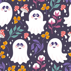 Seamless pattern halloween theme with cute smiling ghosts and autumn mushrooms and plants. Vector illustration.