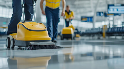 Fototapeta premium Airport cleaning crew maintaining a spotless terminal floor