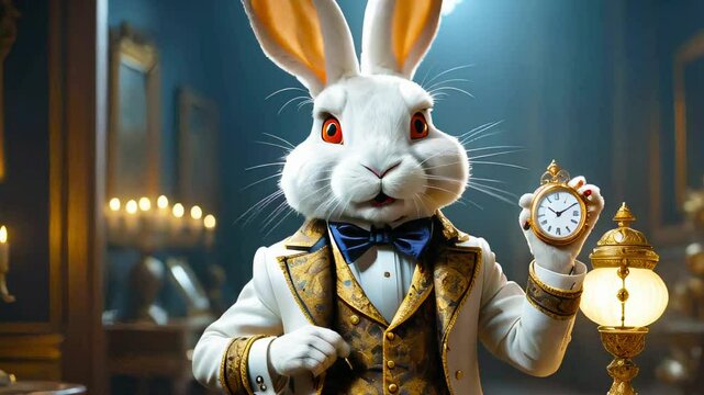 White crazy rabbit with a pocket watch from the fairy tale Alice in Wonderland