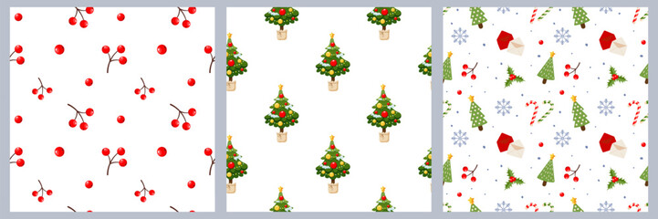 Chtistmas seamless pattern set with Chtistmas tree, snowflakes, candy cane, red berries, holly. Design for print, wrapping paper, textile, fabric, wallpaper. Vector illustration