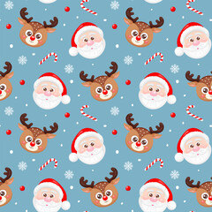 Seamless pattern with Cute Santa Claus and reindeer faces on blue background. Merry Christmas and happy new year. Design for print, wrapping paper, textile, fabric, wallpaper
