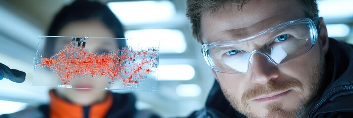Scientists analyzing data in a laboratory while wearing protective gear in the afternoon