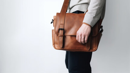 Person with crossbody brown leather bag