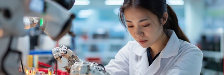 A focused female engineer is seen working with advanced robotics technology, depicting modern innovation and highlighting gender equality in STEM fields.