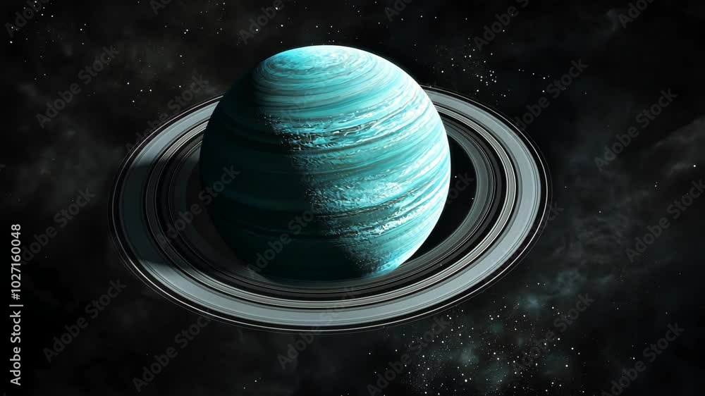 Wall mural a teal-colored planet with prominent rings orbits through space