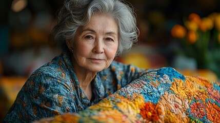 Senior Woman Making Colorful Quilts with Fabrics