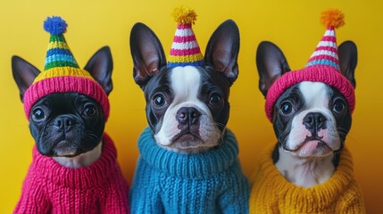 Three dogs wearing party hats and sweaters
