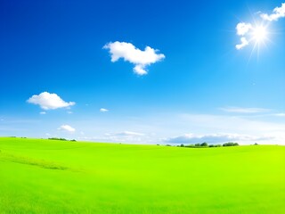 Fototapeta premium Lush green landscape under a bright blue sky