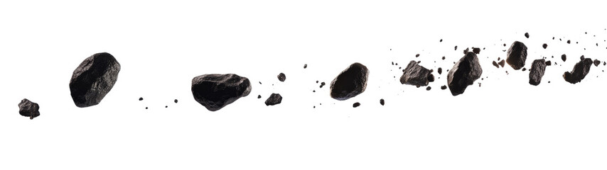 Black Meteorites Flying in the Air on Transparent Background