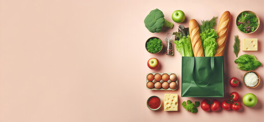 Fototapeta premium Paper bag filled with fresh vegetables, bread, and groceries surrounded by various food items, Flat lay composition with copy space. Healthy eating and grocery shopping concept. Design for poster