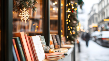 A bookshop window display filled with holiday-themed during Christmas in winter