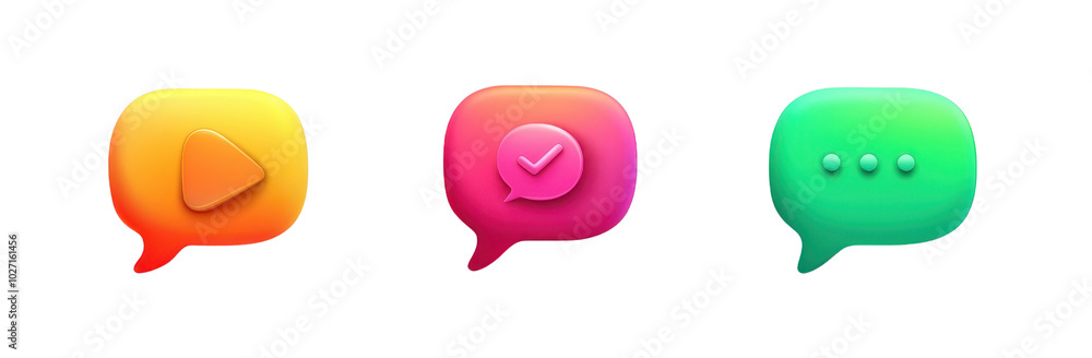 Poster colorful 3d chat icons set featuring symbols for play, check, and message. perfect for user interfac