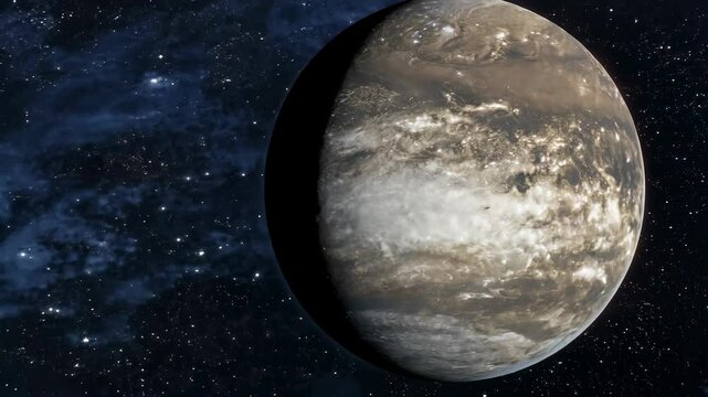 Zoom in to the Pluto in space close-up on dark cosmic background. 3D spacescape, cosmos. 