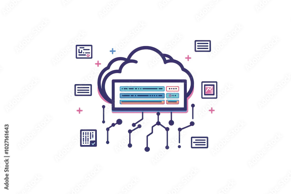 Aufkleber illustration of cloud computing technology, showcasing data storage and network service connections 