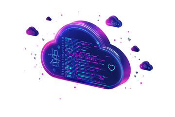 Vibrant 3D illustration of a cloud with digital code and floating heart icons, representing cloud computing and data storage technology.