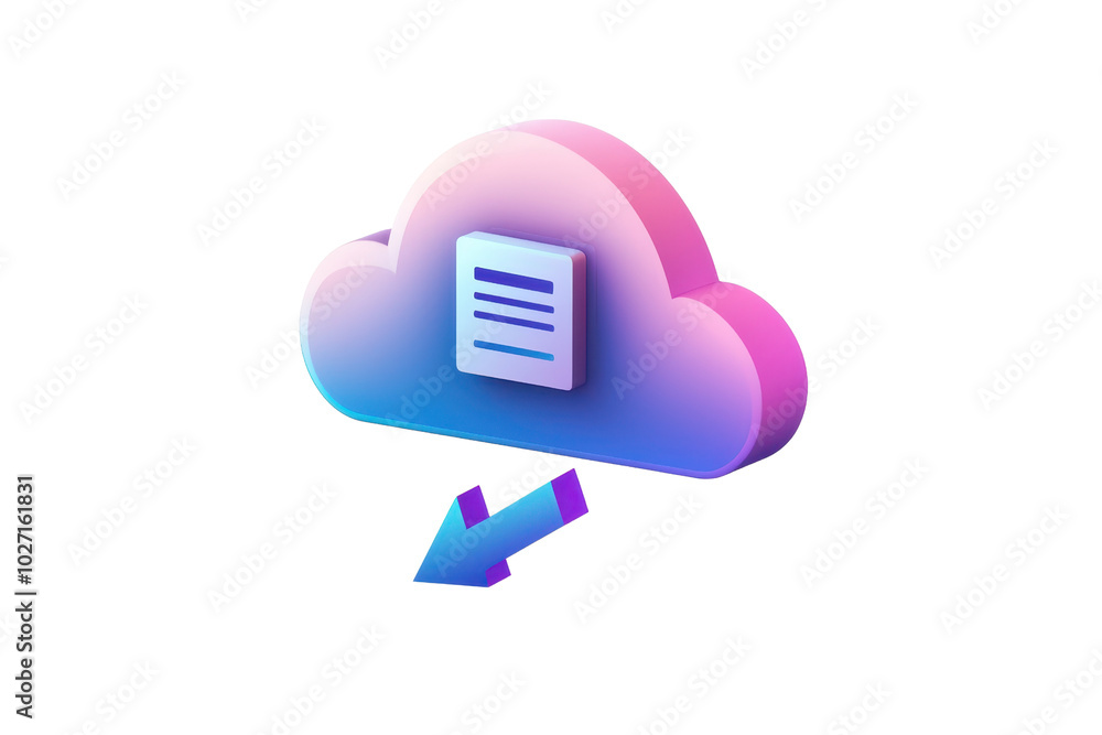 Poster 3d icon of a cloud with a document and arrow, symbolizing digital data storage and download process 