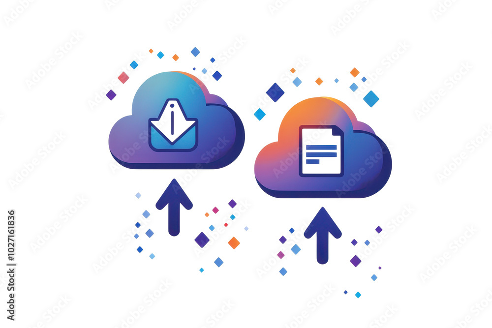 Poster colorful cloud computing illustration showcasing data upload and download, representing online stora
