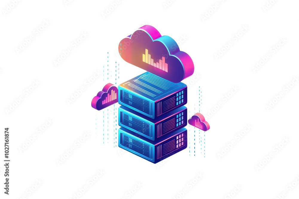 Poster colorful isometric illustration of cloud computing server with neon gradient and digital elements on