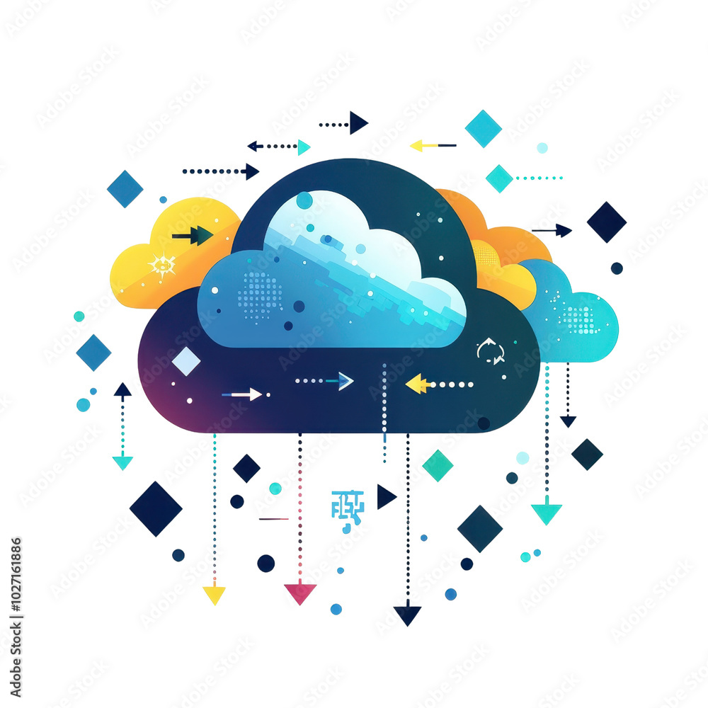 Poster stylized illustration of a digital cloud with data arrows and geometric elements, representing cloud