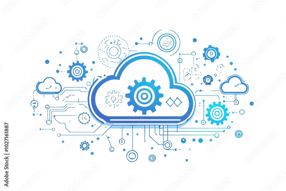 Poster illustration of cloud computing concept with digital gears and circuits, symbolizing data management
