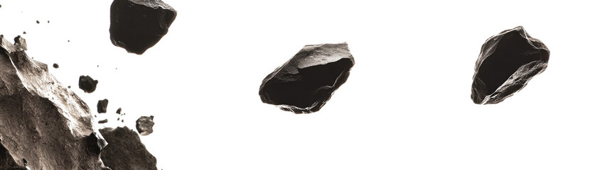 Black Meteorites Flying in the Air on Transparent Background