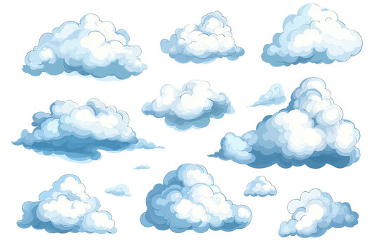 Illustration of various fluffy cumulus clouds set against a transparent background, perfect for weather apps and design projects.