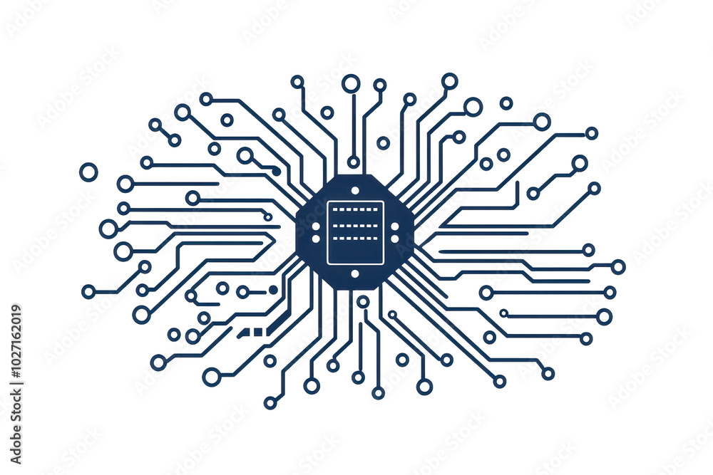Poster abstract illustration of a blue circuit design representing technology, digital connections, and dat