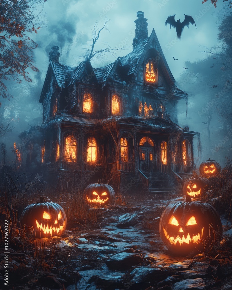 Canvas Prints A spooky, abandoned Victorian home with glowing windows and jack-o-lanterns in front.