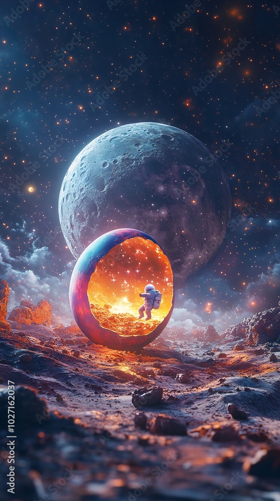 Poster whimsical scene of a tiny astronaut emerging from a colorful egg on the moon's surface surrounded by